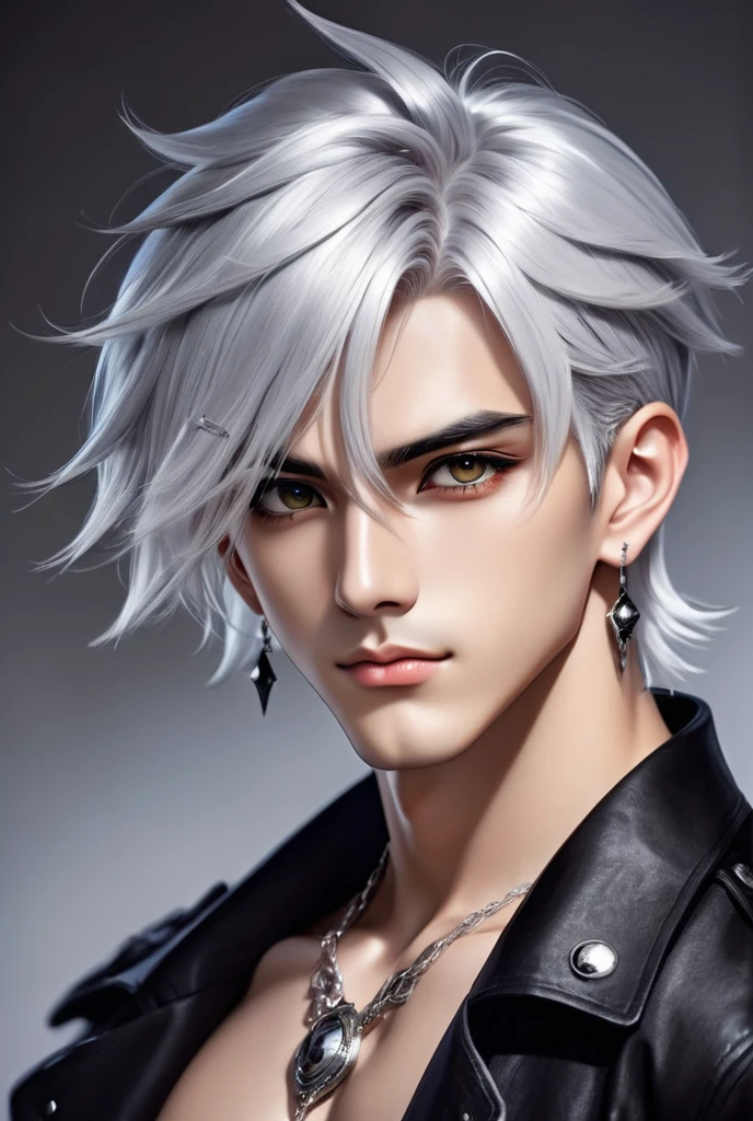 Handsome beautiful and muscular boy with bright silver hairs, deep black eyes, ear piercing like anime style image