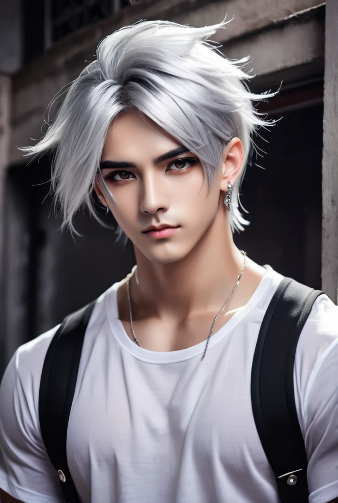 Handsome beautiful and muscular boy with bright silver hairs, deep black eyes, ear piercing like anime style image