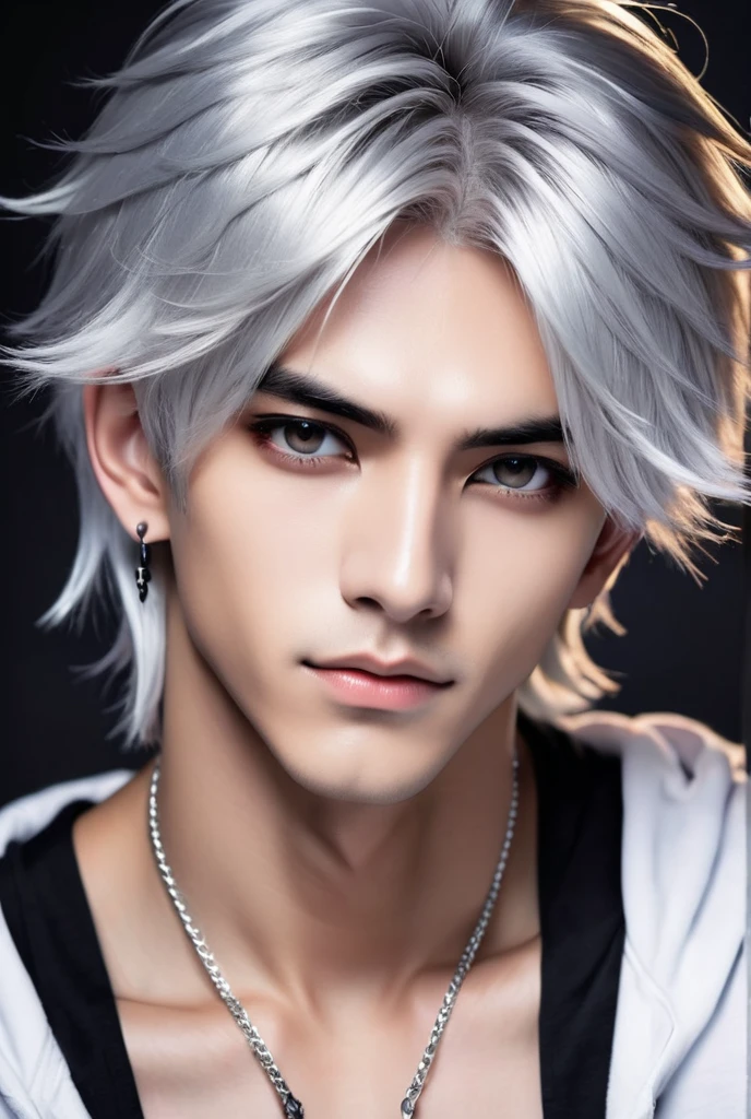 Handsome beautiful and muscular boy with bright silver hairs, deep black eyes, ear piercing like anime style image
