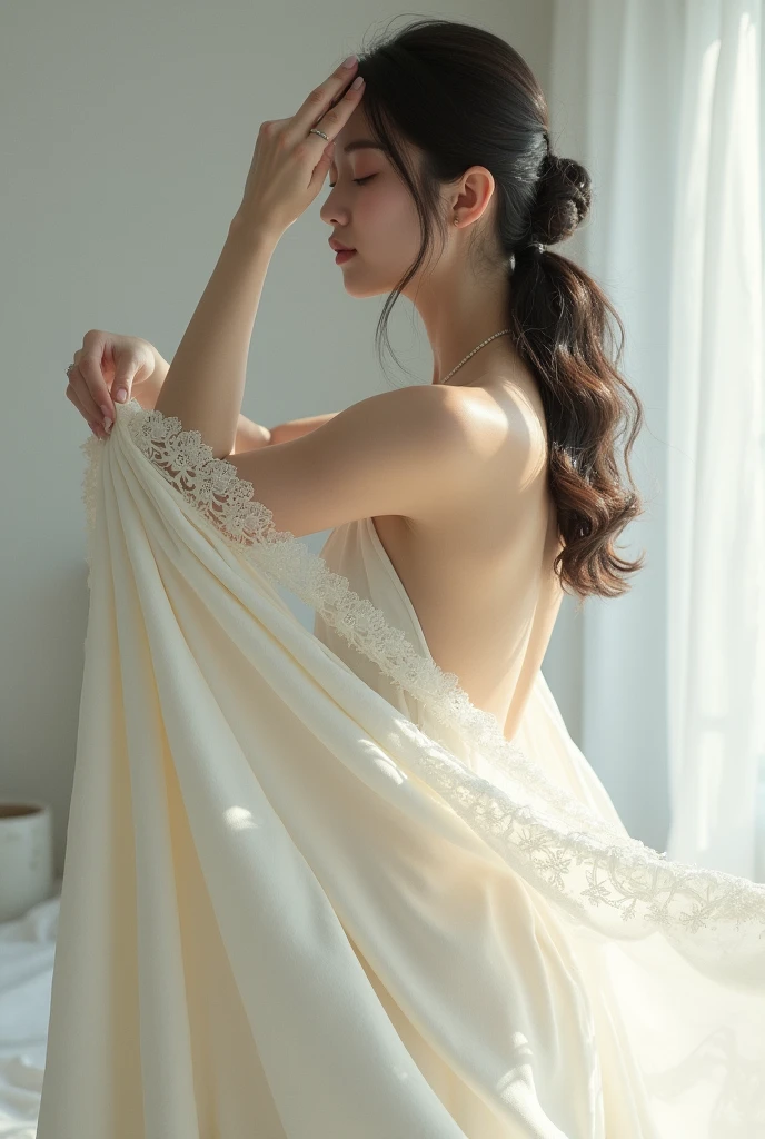 A Woman Holding a White quilt away from her Body with one Hand and covering her eYes with the other Hand gracefully
