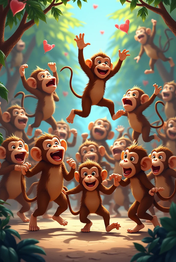 Group of monkeys, dancing, jumping, party