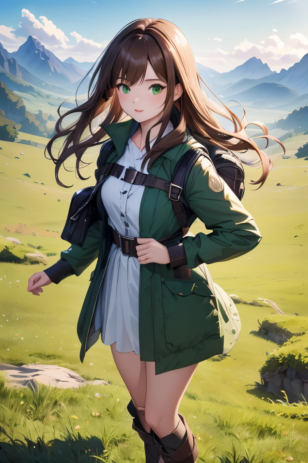 ((masterpiece, Highest quality, High resolution, 超High resolution, Pixel perfect, Written boundary depth, 4K, RTTX 10.0, High resolution))), 1 girl, single, alone, Beautiful Anime Girls, Beautiful art style, Anime characters, ((Shortcuts, bangs, Dark brown hair)), ((Green Eyes:1.4, Round eyes, Beautiful eyelashes, current eyes)), ((Smooth texture:0.75, Anime CG style)), ((Dynamic Angle, close)), Perfect body, (pretty girl), Normal chest, whole body, ((4K, 8k, Highest quality, Perfect Fingers: 1.3, Perfect Anatomy: 1.3, Background Blur)), whole bodyアングル, An adventurer girl standing in the middle of a vast green field, She wears a slightly worn leather outfit., Boots and a small cape fluttering in the wind, With a confident look, They have bright, curious eyes., Long hair tied back, A small backpack packed with adventure essentials, Mountains towering in the distance々Under the blue sky with a background of