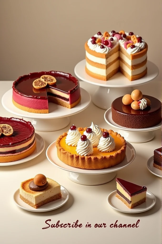 On the table on the plates are delicious pies, sliced cake, all sorts of delicious pastries and the inscription Subscribe to our channel under the picture