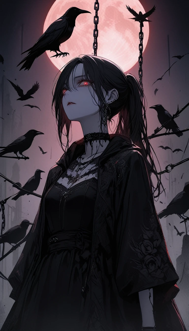 (Dark and scary atmosphere,Gothic Fashion,Dark colors),(Highest quality,Super exquisite item),Very sexy vampire girl,In a rose garden in full bloom on a red full moon night,Beautiful and delicate eyes,Beautiful black straight ponytail,Crow's feathers,Pale skin,The moonlight illuminates her silhouette,A fantastic background created by darkness and moonlight,She is a tall girl who looks like an adult.,A crow is flying,Crow's feathersが舞う,Are standing,Deep foggy forest behind,((The shadows of several hanged bodies in the forest behind)),A flock of crows swarming around a corpse,Chained,Hanged by a chain around the neck,Hanging,Bleeding,Floating in the air