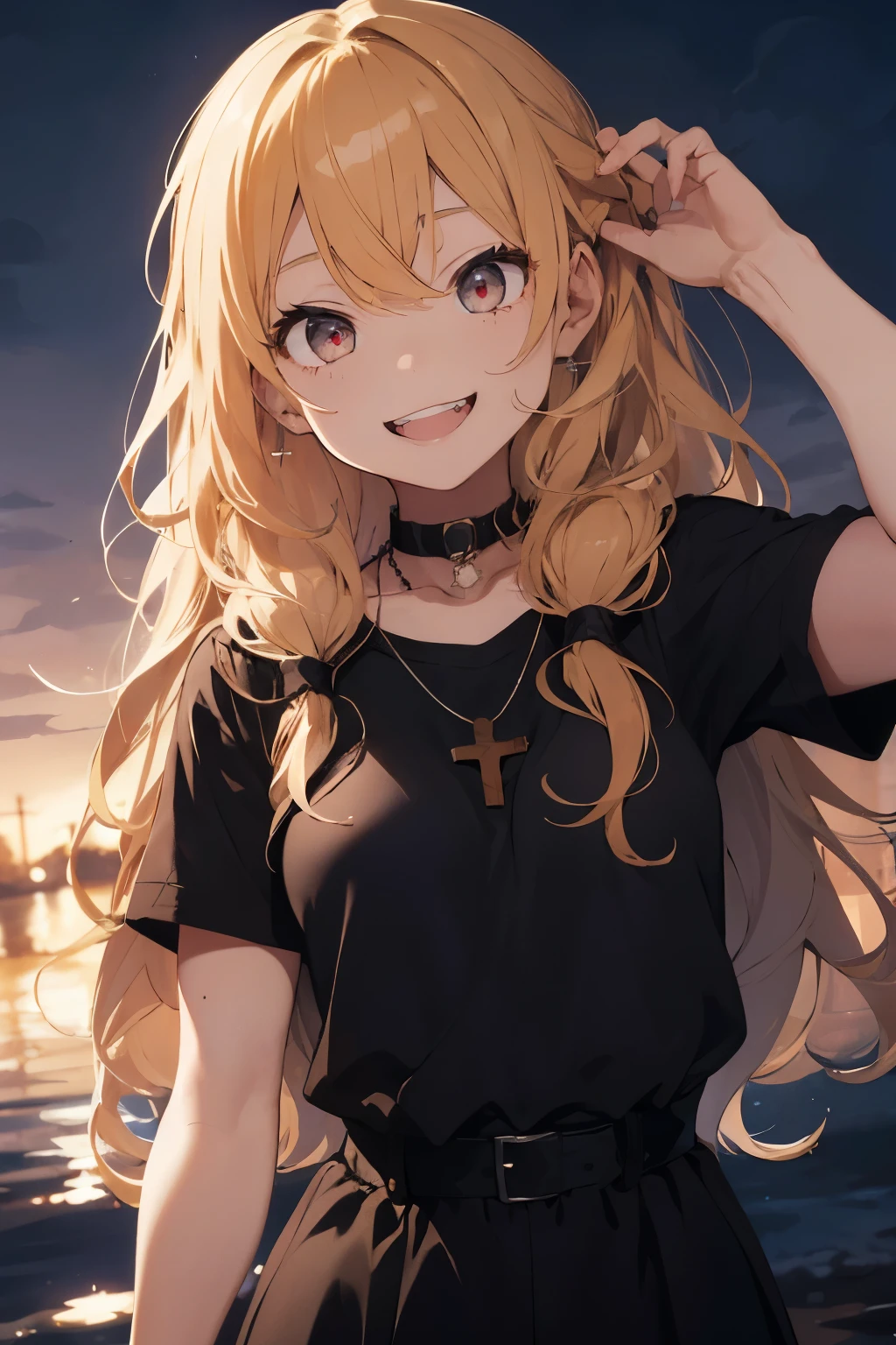 A girl with blonde and curly hair and long hair.
There is no light in the eyes, and they are completely black.
It's a big smile.
I have a necklace with a cross.
Crazy sister.