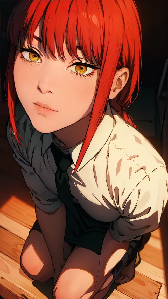 The character Makima from the anime series Chainsaw Man, fragile, full length (Full body 1.1.), dark background, darkness, Correct anatomy 1.1, holds his hands behind his back, correct hand anatomyVery sexy, erotica, very feminine, beautiful figure, legs, buttocks, beautiful body, red hair, orange eyes, Red circles for schoolchildren, summer dress, sexy pose, realistic, very detailed, beautiful body, detailed body, detailed hands, detailed, Vibrating, detailed Face, Makima character design. very detailed, detailed body, detailed hands, detailed Face, anime art, Hugh Details, Very downcast face, detailed eyes, Super thin illustration, best shadow, Fine detail, beautiful detailed glow, beautiful detailed, Extraordinarily beautiful, extremely detailed, inexpressive, epic composition, Anime style. anime art anime art, Anime style,