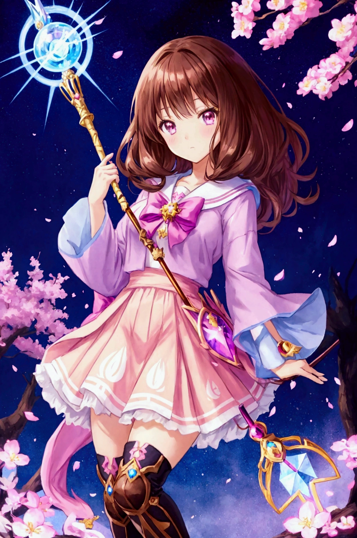 Anime heroine style high school girl with longer and wavier brown hair, more magical accessories, transformation outfit, holding a magical staff, and a magical pet companion, and fantastic background with sparkles, glowing effects, and cherry blossoms