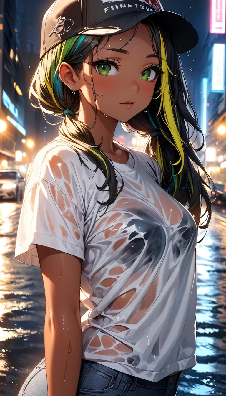 (highest quality:1.2, Very detailed, up to date, Vibrant, Ultra-high resolution, High Contrast, masterpiece:1.2, highest quality, Best aesthetics), Portraiture、girl、((25 years old:1.5)), (slim:1), 25-years-old, (trucker cap:1.3), white t-shirt, jeans, Bright colors、Beautiful fine details、Beautiful lip detail、long hair, (low ponytail:1), white and yellow green ((streaked hair:1.6)), highlights hair: 1.5, (small breast,:1) (tan skin:1.1), (running:1), night city, (wet overflow, wet on hair, wet on body, wet on clothes), Heavy rain:1.5, cowboy shot, look at viewer