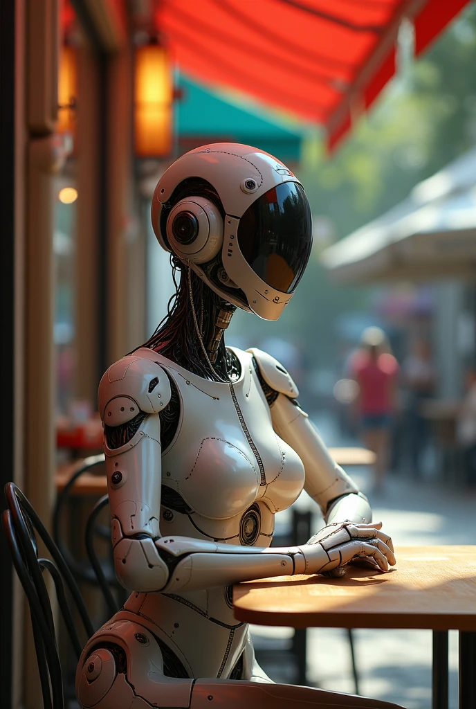 A cyborg girl sits at a table in a street cafe, Best quality, high quality, absurdity, happiness, masterpiece, Beautiful, complex parts, 1/2 body trimmings, slender body, Beautiful figure, Magnificent ???????, (complex parts:1.12), HDR, (complex parts, hyperdetailing:1.15), (natural skin textures, hyperrealistic, soft light, spicy:1.2)