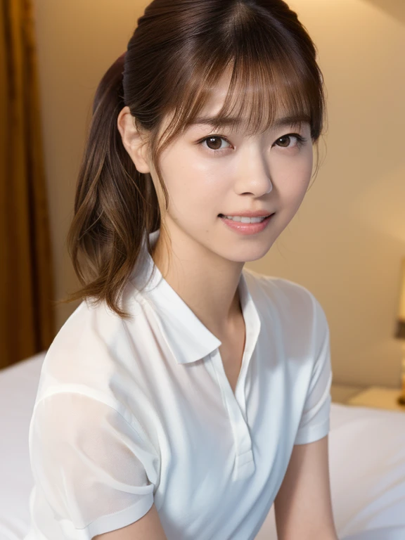(Masterpiece, Best quality, 8K:1.3), (Ultra realistic, Photo-realistic:1.2), From above, (Full body:1.1), (kneeling:1.2), (Seductive pose:1.1), Natural light, 28 years old actress, Japanese women, Neat and clean, (White tennis uniform, White short-sleeve polo shirt:1.2), (unbutton:1.3), (White tennis mini skirt:1.2), White sock, (Beautiful thighs:1.1), (ponytail:1.2), (Short wavy hair:1.1), Light brown hair color, (Beautiful Face), Oval face, clear, Beautiful eyes, Kind eyes, Bedroom eyes, (Clear skin), Natural makeup, Small face, Small mouth, Beautiful mouth, Approachable, Luxury hotel Suite room, On bed, Seductive smile, Shy,