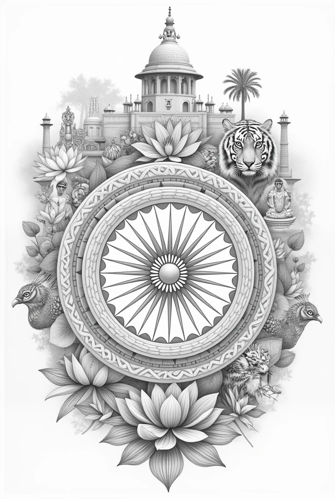 Generate the image of Ashoka chakra on top of it surrounds by Lotus, peacock, tiger in pencil sketch , and other various moments famous in india