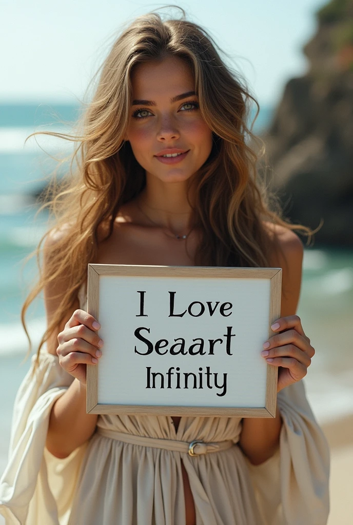 Beautiful girl with wavy long hair, bohemian dress, holding a white board with text "I Love Seaart Infinity" and showing it to the viewer