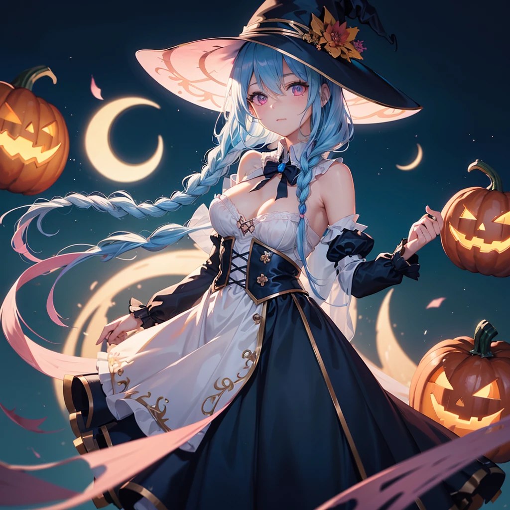 (Sky Blue Hair),(Braided medium hair:1.2), (Pink Eyes),Fair skin) ,(whole body),(One Girl),(Crescent Moon),(There are many pumpkin ghosts in the background),(If you don't give me sweets, I'll be mischievous.),Halloween Night Party),(masterpiece, Highest quality, Very detailed, Best Shadow), (Detailed Background), (Beautifully detailed face), High Contrast, (Best lighting, Very delicate and beautiful), ((Cinematic Light)), Hyper Detail,8k, Dramatic Light, Intricate details,Witch&#39;s Clothes,Magic broom,night,Bats flying in the background,