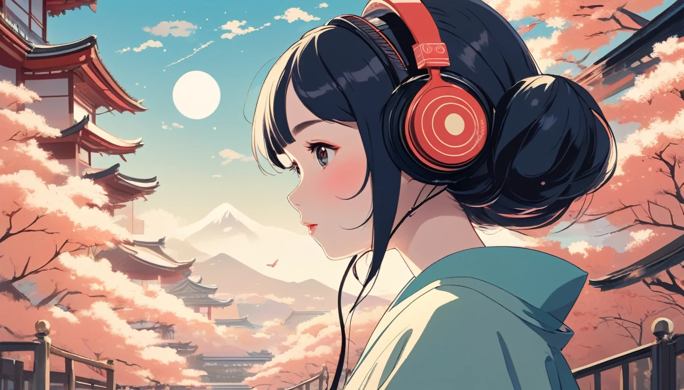 Maiko wearing Japanese style headphones、fan、Wide-angle lens, Lofi Anime, Lofi illustration, Aesthetic atmosphere, Lo-Fi Style, Vector art, Flat Design, Simple shape, Warm tones, Pleasant atmosphere, Chill, In anime style, Digital drawing, Vector art, Vector logo for t-shirt printing, (Adorable:1.5), (small:1.4), (Playful:1.2), (soft:1.3), (Whimsical:1.1), masterpiece, Highest quality, 8k, Intricate details, grow, Celestial, Mysterious, Picturesque, amazing, Majestic, Magic, Fantasy art, Cover art, dream-like