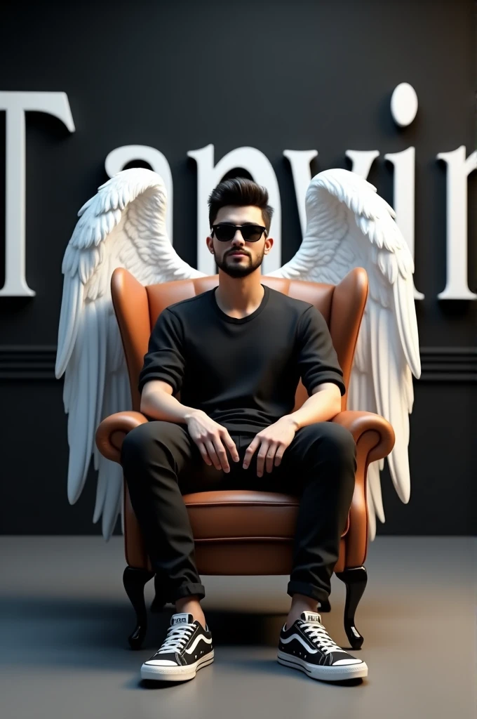 Create a 3D illusion for a picture where a boy 25 years in a black shirt sits casually on a Wingback Chair. Wearing sneakers,, and sunglasses, he looks ahead. The background features "Tanvir" in big and capital white fonts on the black wall. There should not be his shadow, and there are wings to make it appear as if he is an angel.
