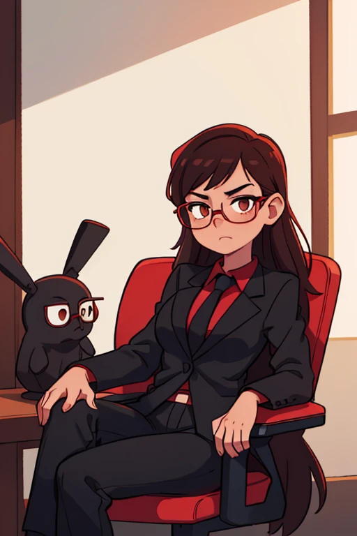 Young woman. black business suit without a jacket. In trousers. dark red shirt. Brown eyes. brunette. long hair. sits in a black leather chair. Glasses. White skin. Mafia boss.