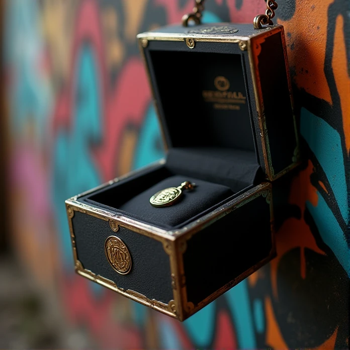 Luxury details，Black box half open，Metal brushed texture is faintly visible，Graffiti art embellishes the space，The central golden logo shines，Edge inlaid with exquisite metal，Showing nobility in a low-key manner。Elegantly dangling from a metal chain，Add a touch of uninhibited style。Side view angle。