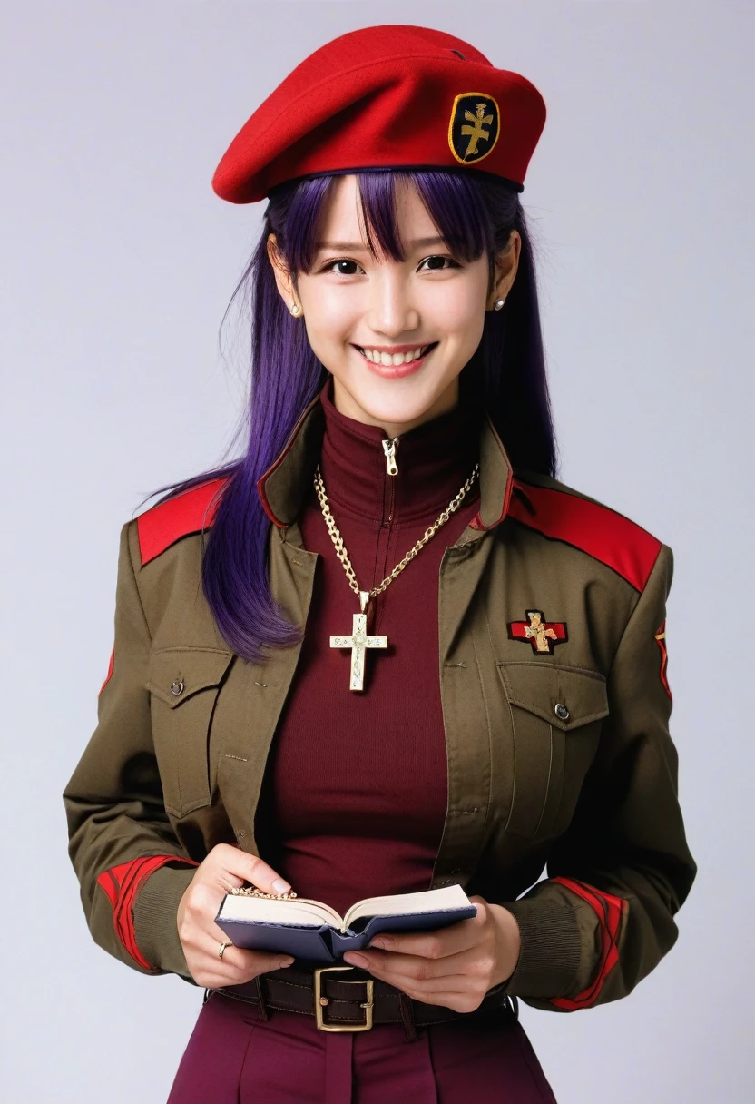 katsuragi misato, 1girl, jewelry, hat, jacket, red jacket, turtleneck, long sleeves, holding, open clothes, open jacket, long hair, smile, bangs, necklace, breasts, signature, purple hair, upper body, closed mouth, parted bangs, white background, solo, earrings, cross, stud earrings, black shirt, beret, brown eyes, uniform, red headwear, cross necklace, shadow, looking at viewer, zipper, belt, simple background, looking to the side, military, medium breasts, military uniform, light smile, small breasts, pendant, clipboard, zipper pull tab, holding book, cropped torso, silhouette,