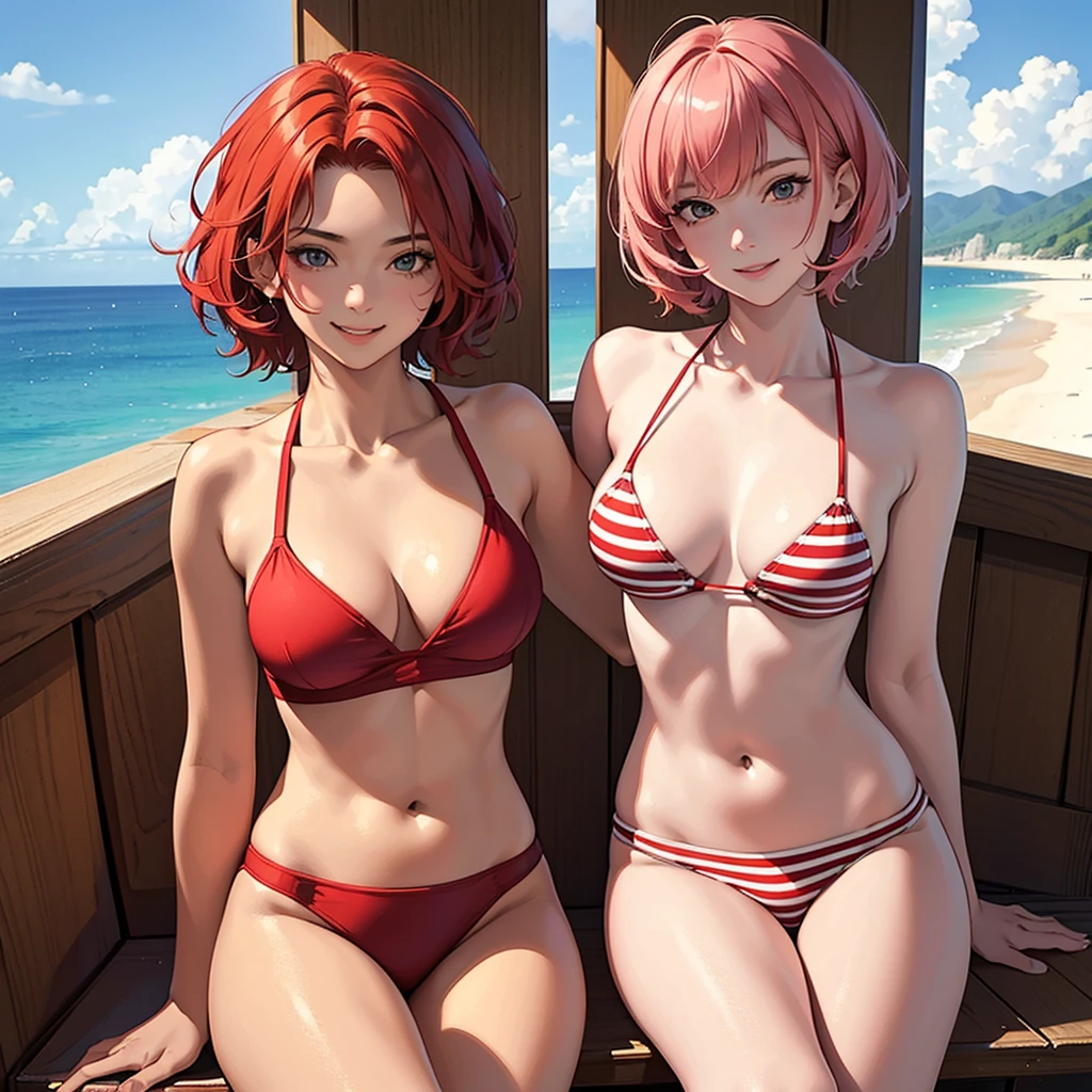 ((best quality)), ((masterpiece)), (detailed),High quality, Ultra detailed, best quality, insanely detailed, beautiful, masterpiece,
One Girl,, ,student,wild (pinkish shaggy short hair),red hair,summer,sea side, (red colored bandeau bikini,(stripe)),((face),smile,soda)