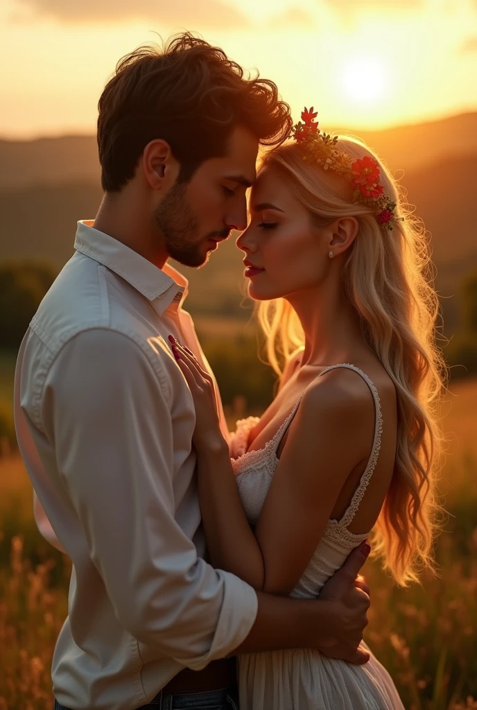 A luscious milkmaid, beautiful detailed eyes, beautiful detailed lips, extremely detailed eyes and face, long eyelashes, intimate moment with boyfriend, pastoral farm setting, rolling hills, golden sunlight, soft glowing skin, sensual pose, nude figure, intimate romance, erotic, photorealistic, 8k, hyper detailed, masterpiece, dramatic lighting, warm color palette