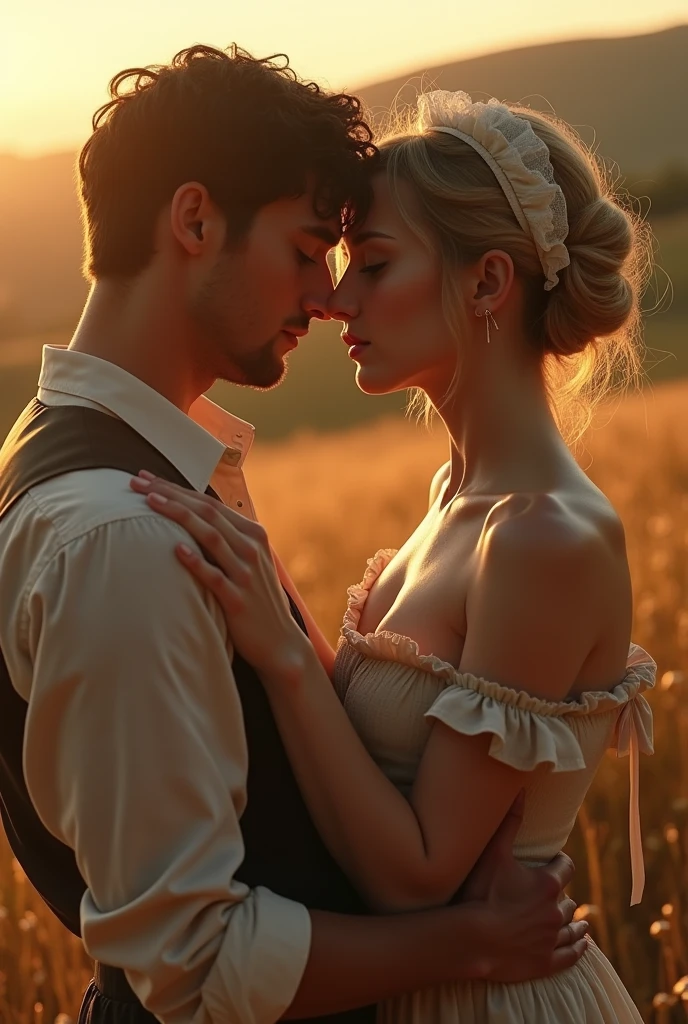 A luscious milkmaid, beautiful detailed eyes, beautiful detailed lips, extremely detailed eyes and face, long eyelashes, intimate moment with boyfriend, pastoral farm setting, rolling hills, golden sunlight, soft glowing skin, sensual pose, nude figure, intimate romance, erotic, photorealistic, 8k, hyper detailed, masterpiece, dramatic lighting, warm color palette