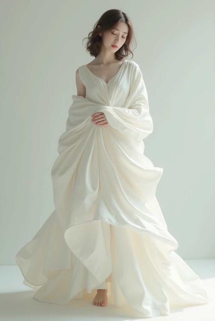 A Woman Holding a White quilt away from her Body with one Hand and covering her eYes with the other Hand gracefully