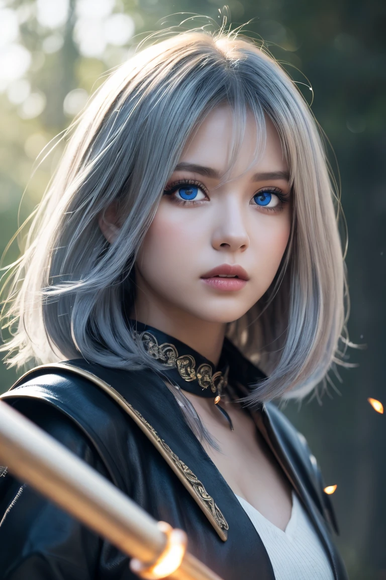 ((masterpiece)), ((best quality)), (ultra-detailed), ((extremely detailed)), ((kawaii)), cute, (lovely), 4K, (8K), best quality, (beautiful), photorealistic, fantasy world, a cute girl, solo, mage, (casting spells), ((magical battle)), glowing staff, fierce determination, swirling energy, mystical aura, powerful magic, (beautiful silver hair), ((beautiful hair)), (beautiful blue eyes), ((beautiful eyes)), dramatic lighting, natural light, soft shadows,