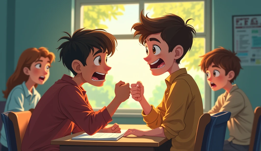 /image prompt: student, boy clenching fist to classmate,  always angry ,confrontation, classmates scared of him when everytime saw him, in classroom, no one want to stay near him, Q-version character but draw by hands, intense atmosphere, sunlight filtering through trees, exaggerated expressions, emotional tension, empty space around, clean colors like blue yellow like this, cartoon style, high detail, HD, 16k --ar 3:4 --v 6.0