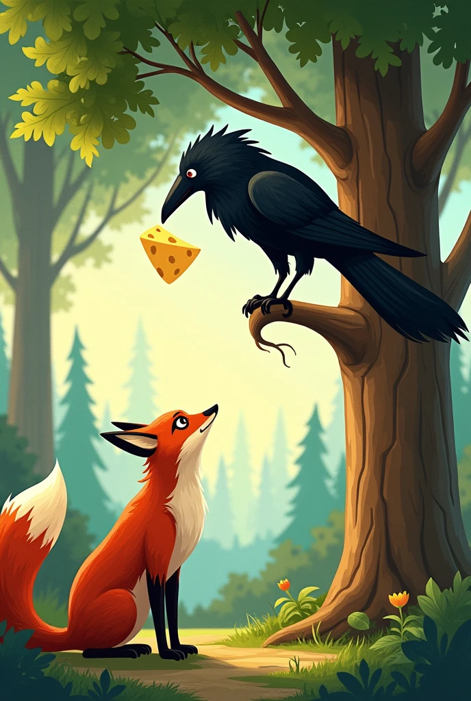 940*788 px Horizontal : Fox and crow story , crow on the tree 
