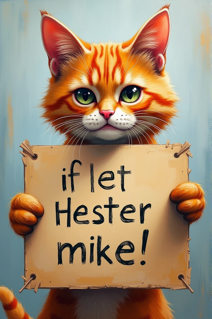 Painted cat holding a sign WRITTEN: I freaked out and threw the stick at Dona Chica