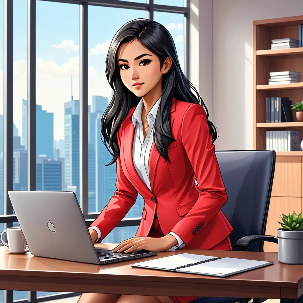 cartoon, vector illustration, no gradient, solid color fill, a beautiful indonesian girl, solo, (1girl:1.9), Long straight Black Hair, Olive Skin, detailed skin, imperfect skin, (athletic fit-muscled body:1.2), 8k, highly detailed, soft light, (white background:1.2), (red business suit:1.5), (looking at laptop on desk:1.9), (on side:1.1)