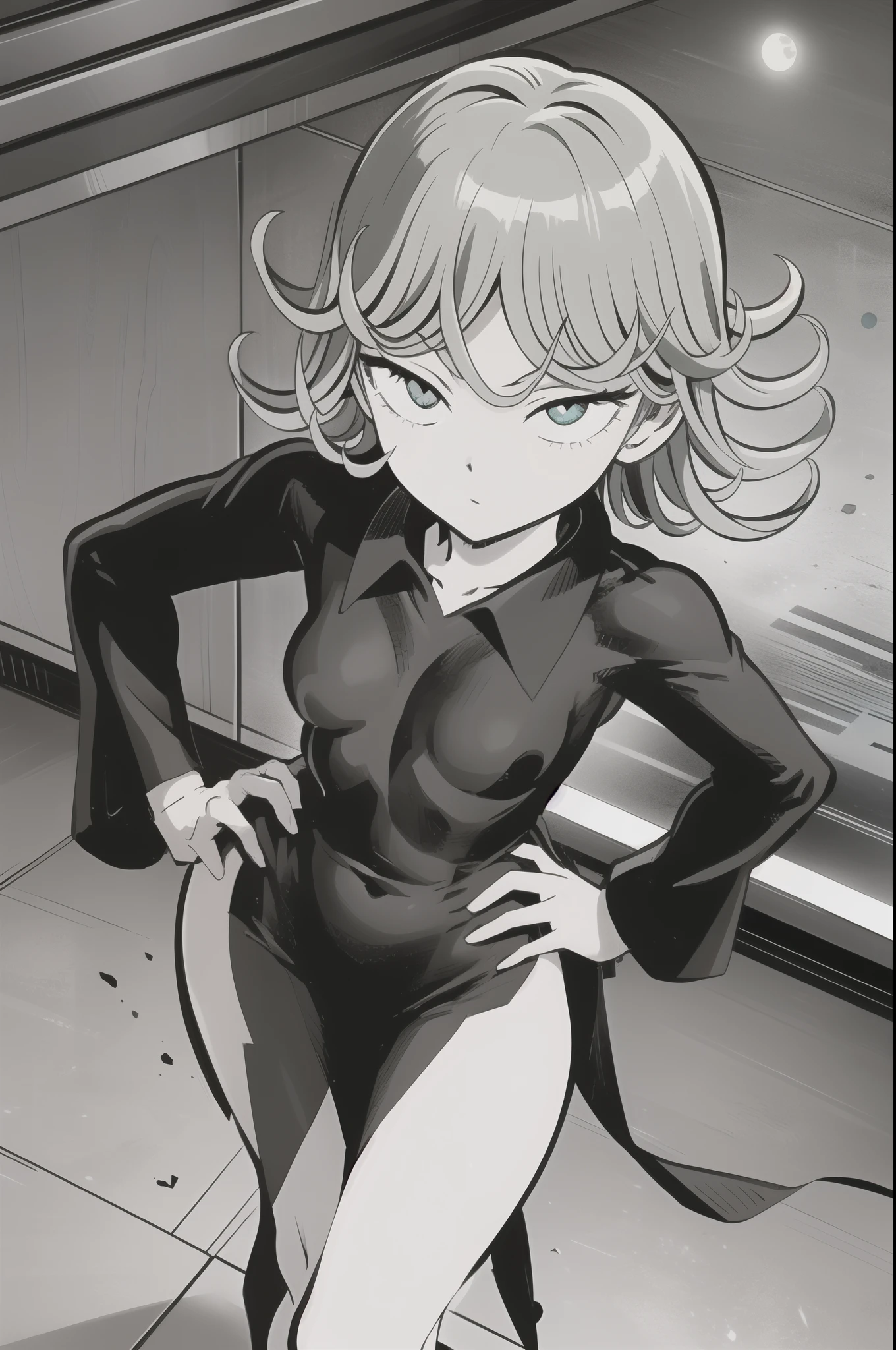 High resolution, Very detailed, Tatsumaki Tornado, Short green hair, Curly Hair, Black Dress, Long sleeve, indoor,moonlight, From above、(Focus on the face)、Place one hand on hip、approach、Looking into the camera、sexy