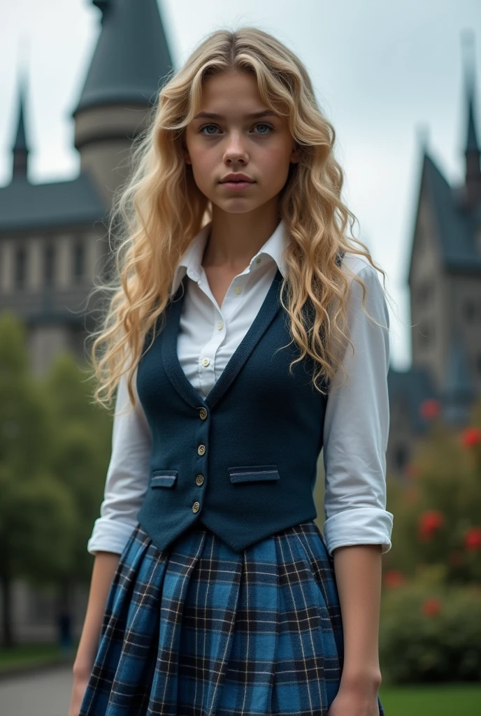 Very pretty 17 year old girl with wavy curly blonde hair and dark gray eyes. Dressed in white button up shirt and blue plaid vest. Background of hogwarts castle. Realistic photograph lifelike, cleavage, thigh, short skirt, sexy, cleavage, thigh, short skirt, sexy, schoolgirl