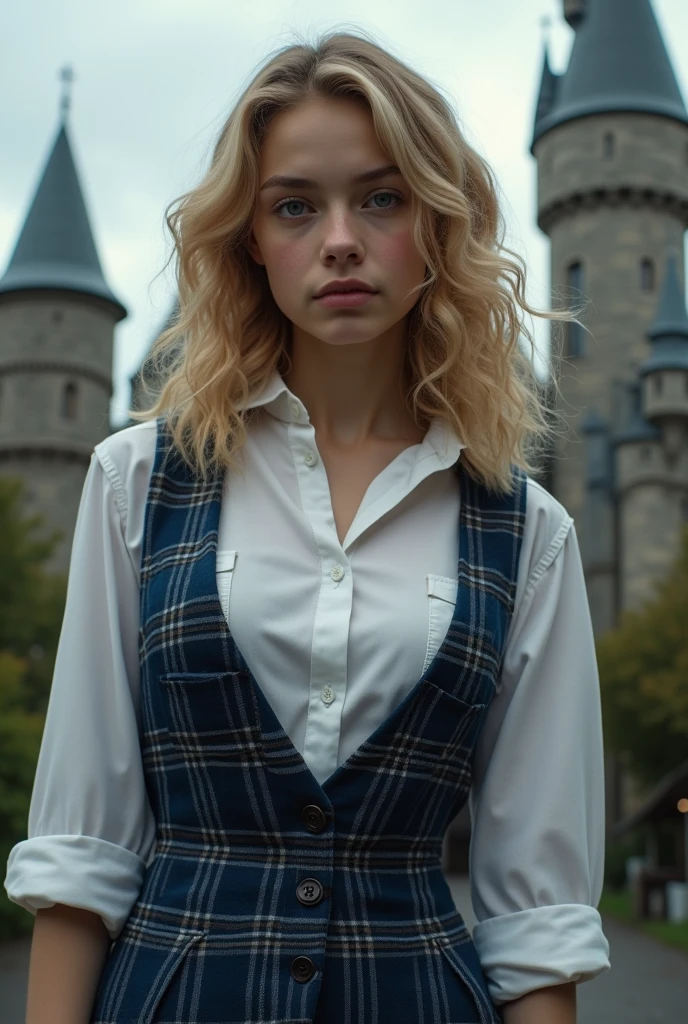 Very pretty 17 year old girl with wavy curly blonde hair and dark gray eyes. Dressed in white button up shirt and blue plaid vest. Background of hogwarts castle. Realistic photograph lifelike, cleavage, thigh, short skirt, sexy, cleavage, thigh, short skirt, sexy, schoolgirl