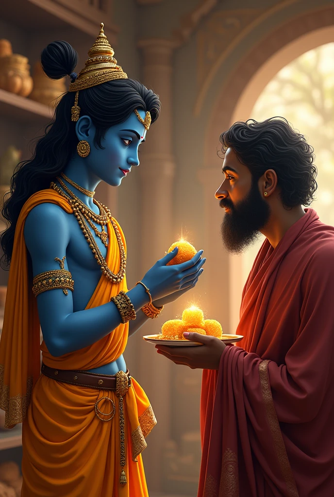 Dear sweet shop owner, as Lord Krishna, I request you to kindly share a laddu with me. Just as He relishes the sweet taste of devotion, I, too, would be grateful for this offering. Thank you for your kindness and generosity."