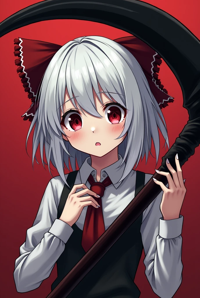 A red-eyed, white-haired girl holding a black reaper's scythe. Novel cover image The girl looks shocked while holding the sickle.