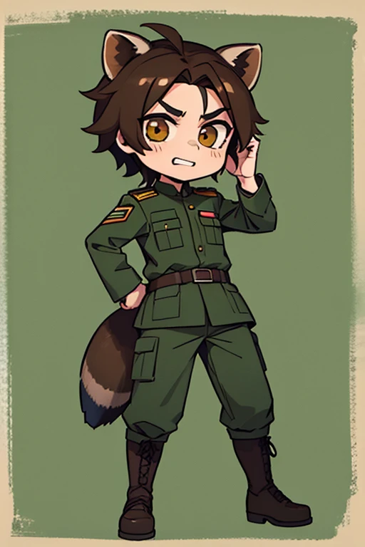 1Man,military uniform,chibi,full body,green background,Brown hair,Raccoon ears,