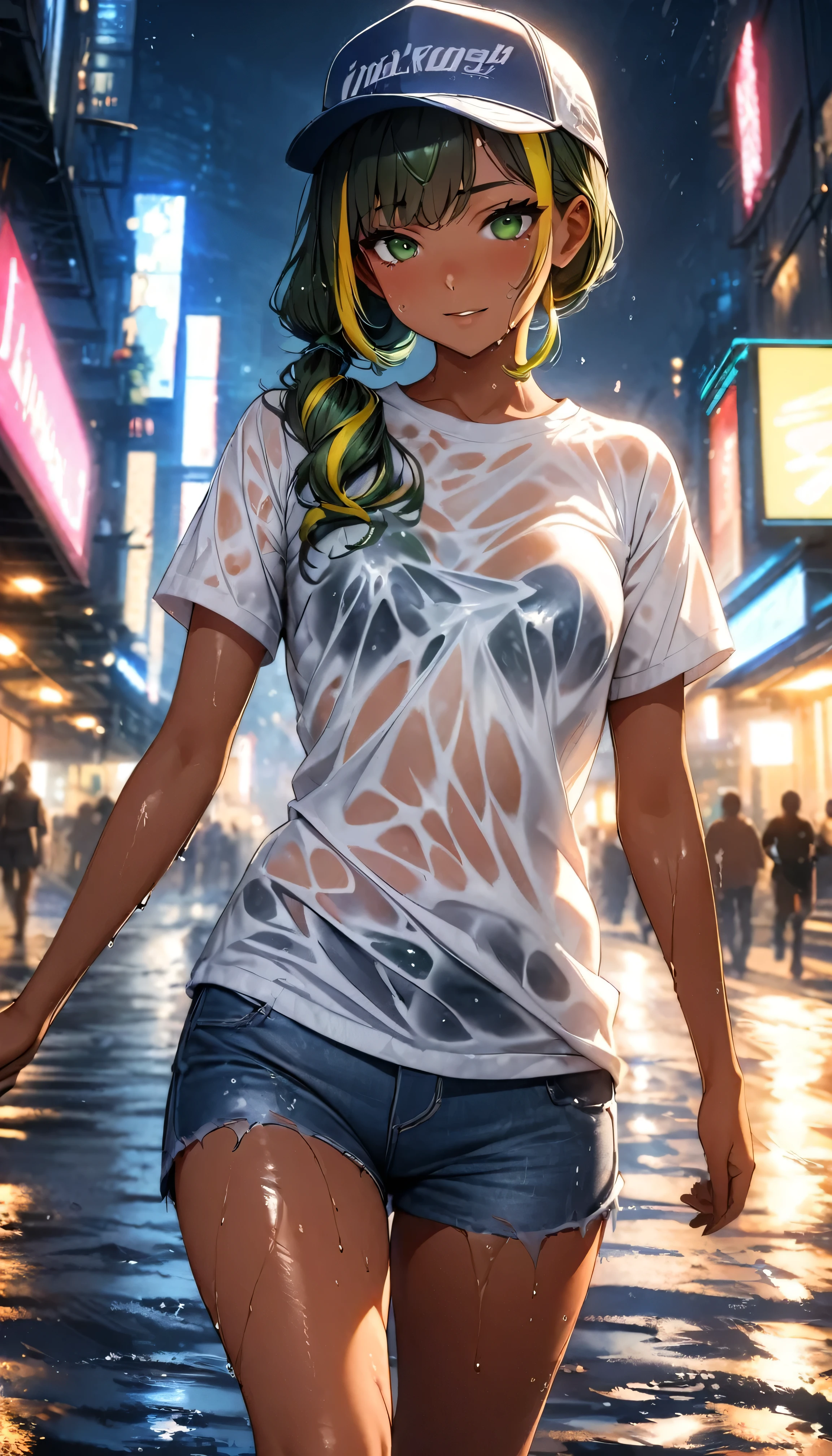 (highest quality:1.2, Very detailed, up to date, Vibrant, Ultra-high resolution, High Contrast, masterpiece:1.2, highest quality, Best aesthetics), Portraiture、girl、((25 years old:1.5)), (slim:1), 25-years-old, (trucker cap:1.3), white t-shirt, jeans, Bright colors、Beautiful fine details、Beautiful lip detail、long hair, (low ponytail:1), white and yellow green ((streaked hair:1.6)), highlights hair: 1.5, (small breast,:1) (tan skin:1.1), (running:1), night city, (wet overflow, wet on hair, wet on body, wet on clothes), Heavy rain:1.5, cowboy shot, look at viewer