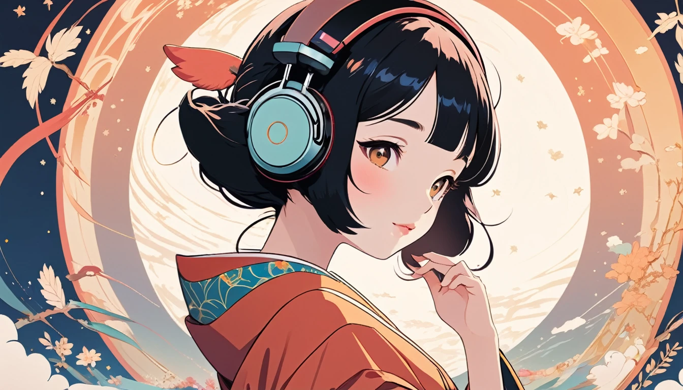 Maiko wearing Japanese style headphones、fan、Wide-angle lens, Lofi Anime, Lofi illustration, Aesthetic atmosphere, Lo-Fi Style, Vector art, Flat Design, Simple shape, Warm tones, Pleasant atmosphere, Chill, In anime style, Digital drawing, Vector art, Vector logo for t-shirt printing, (Adorable:1.5), (small:1.4), (Playful:1.2), (soft:1.3), (Whimsical:1.1), masterpiece, Highest quality, 8k, Intricate details, grow, Celestial, Mysterious, Picturesque, amazing, Majestic, Magic, Fantasy art, Cover art, dream-like