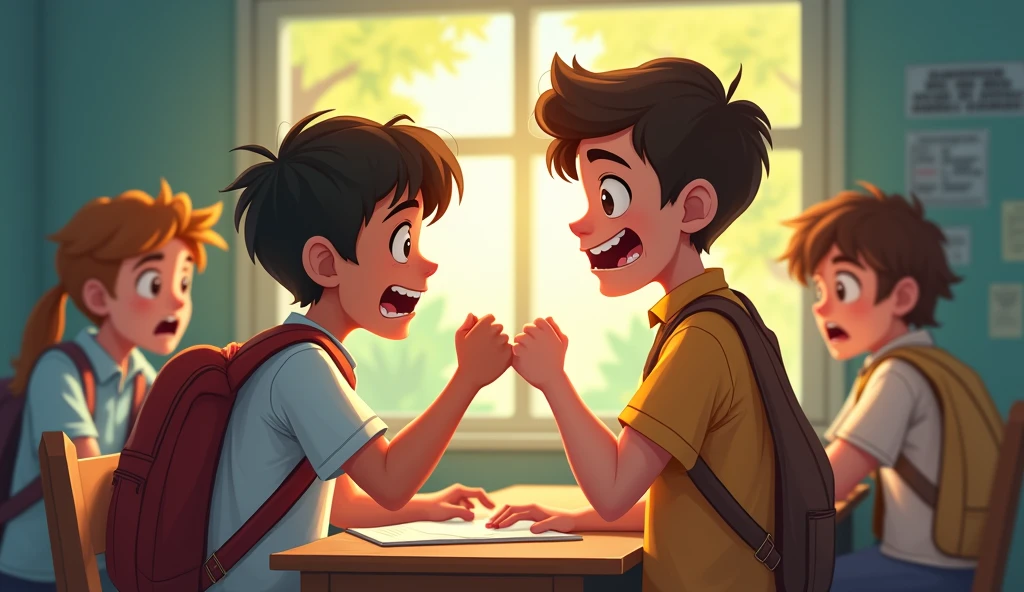 /image prompt: student, kids boy clenching fist to classmate,  always angry ,confrontation, classmates scared of him when everytime saw him, in classroom, no one want to stay near him, Q-version character but draw by hands, intense atmosphere, sunlight filtering through trees, exaggerated expressions, emotional tension, empty space around, clean colors like blue yellow like this, cartoon style, high detail, HD, 16k --ar 3:4 --v 6.0