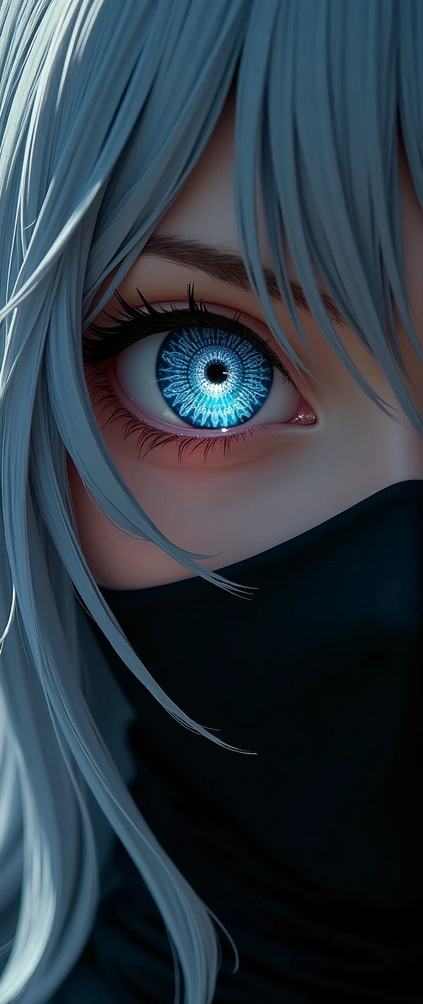 (masterpiece:1.2),(Highest quality),(Very detailed),(Ultra-high resolution),(Photorealistic),8k,wallpaper,(1 girl),(Face close-up:1.6),(front:1.6),(Beautiful Female Ninja),(look at me),(Beautiful Face,Beautiful Eyes,Perfect Eyes),(Beautiful glowing eye effects,A beautiful geometric pattern, like a kaleidoscope, is reflected in the woman's right eye.:1.2,Detailed drawing of the eyes:1.2),(Black Costume,Silver Hair),(The female ninja uses genjutsu.),(dynamic)