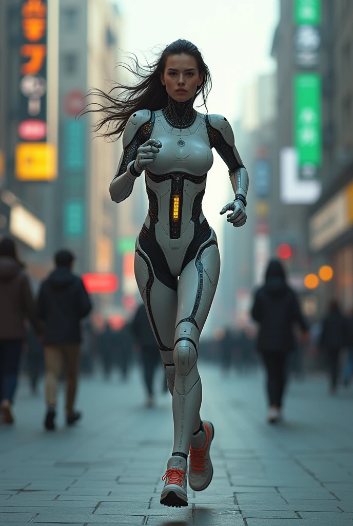 A cyborg girl is jogging down the street of a big city, passersby watching her with interest, high quality, Absurd, Masterpiece, Beautiful, complex parts, 1/2 body crops, slender body, Beautiful figure, Magnificent Anatomy, (complex parts:1.12), HDR, (complex parts, hyper detail:1.15), (natural skin textures, Hyperrealistic, soft light, Spicy:1.2)