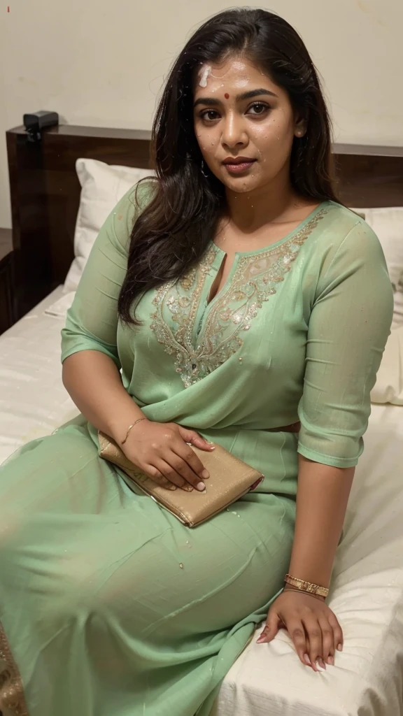 Day scene, full body photo of a plus sized 45 year old indian with a man from top view, (Masterpiece, Best Quality, High Resolution), office Background, (cum Splash on her breasts and nipples, cum Splash on her face, Splash of cum, cum Splash on her blouse, cum Splash on her eys), Sweet 25 year old South indian women sitting on her knees in a crowded party hall with a man, hour glass body red lips, silver colour silky gown, lightly makeup,ultra realistic, realistic, look at viewer (cinematic:1.3), intricate details,