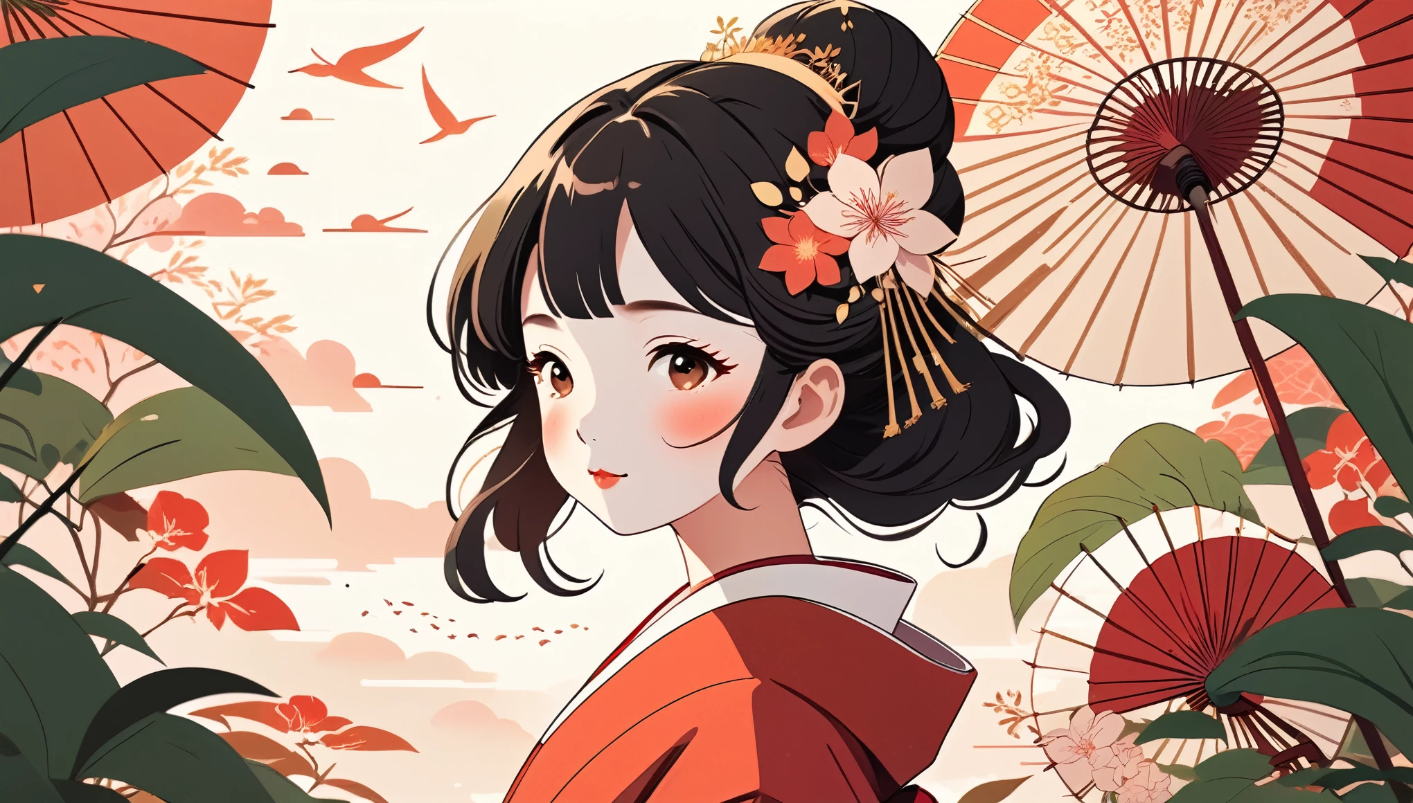 Maiko、fan、Wide-angle lens, Lofi Anime, Lofi illustration, Aesthetic atmosphere, Lo-Fi Style, Vector art, Flat Design, Simple shape, Warm tones, Pleasant atmosphere, Chill, In anime style, Digital drawing, Vector art, Vector logo for t-shirt printing, (Adorable:1.5), (small:1.4), (Playful:1.2), (soft:1.3), (Whimsical:1.1), masterpiece, Highest quality, 8k, Intricate details, grow, Celestial, Mysterious, Picturesque, amazing, Majestic, Magic, Fantasy art, Cover art, dream-like