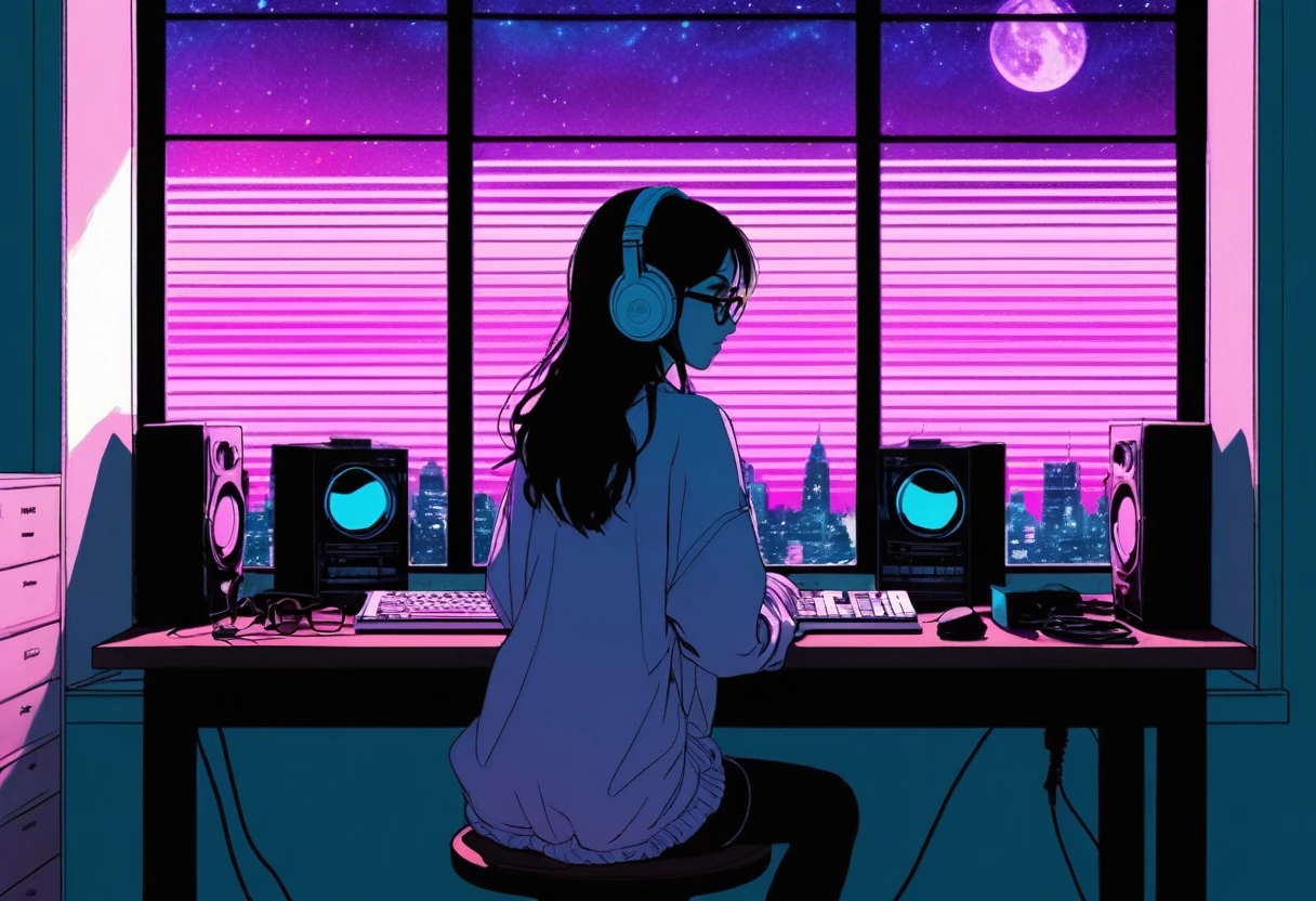 XXMix,Silhouette of frightened woman hiding in a 1980's radio station, neon light, in the style of coloring book comic, full body, raw hand drawn style, (from behind), Anime girl sitting in front of a computer in a cozy bedroom, Girl listening to music while studying in a cozy room (night), round glasses, Using headphones, on the roof, (beautiful night views from windows), lots of things, 2D anime style, The aesthetics of anime in the 90s, lo-fi, long hair, very detailed, hard disk, A mix of anime style and Fujifilm, surreal, 8k, masterpiece, violet eyes,black gloves, round glasses, long sleeves,violet hair, Flat Chest, smile, pantyhose
