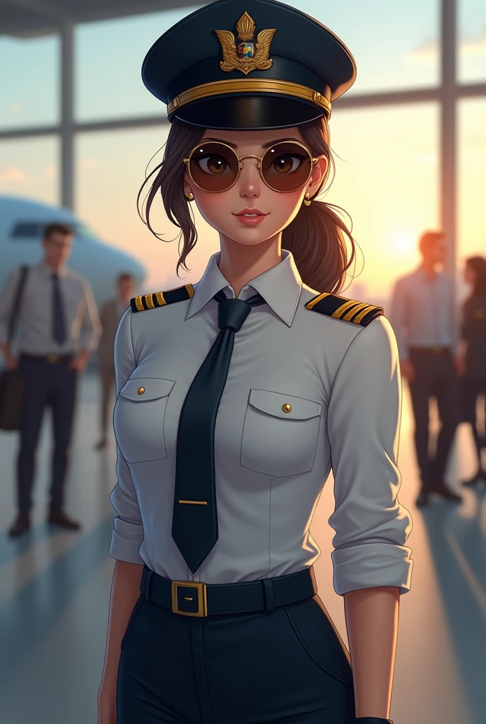 A girl in a airline pilot uniform