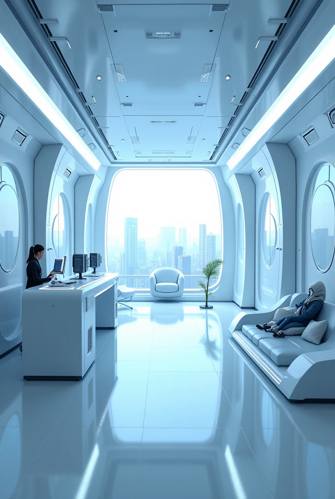 A futuristic and clean room with a focus on blue and white
