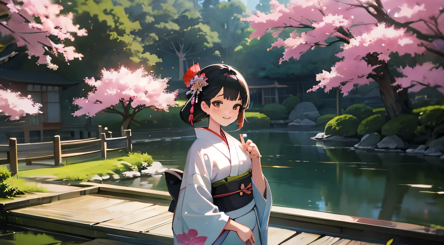 japanese garden,flowers,smile,kimono girl