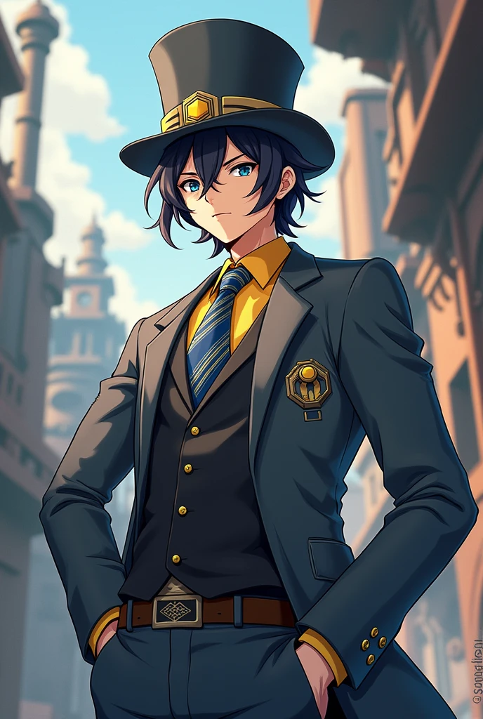 a strong young man, wearing a gray top hat with a hexagon-shaped emblem, black and yellow shirt, gray suit with blue and white striped tie. In steampunk anime style. His name is Yuri