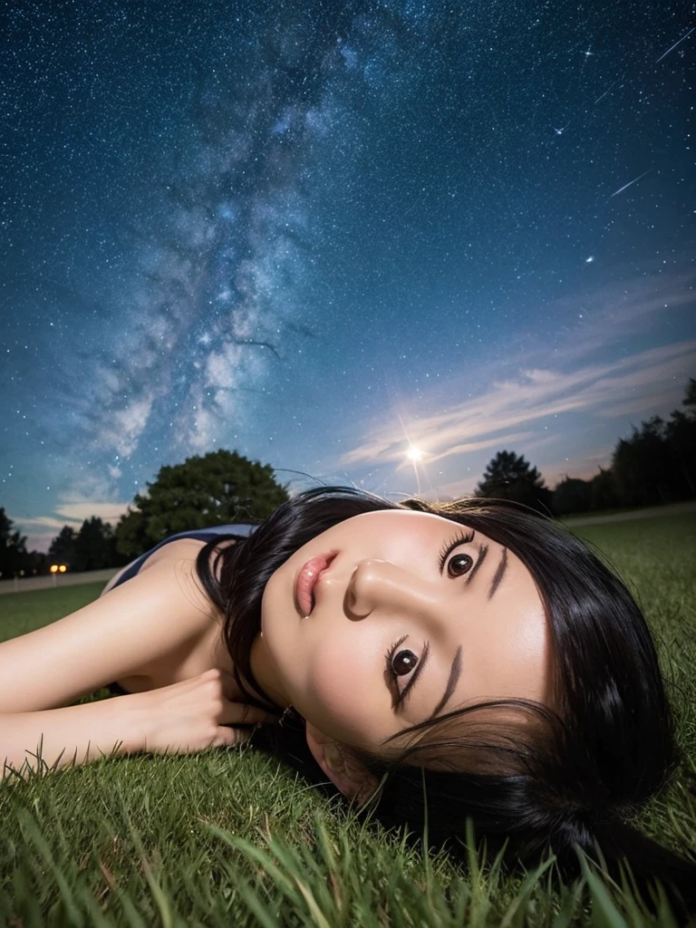 A black-haired Japanese woman lying on the grass looking up at the starry sky